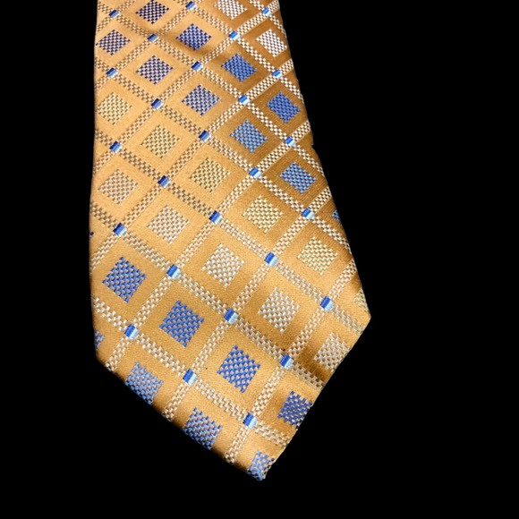 Michael by Michael Kors Orange Metallic Colored Silk Tie w/Blue &Cream Squares - Picture 2 of 6
